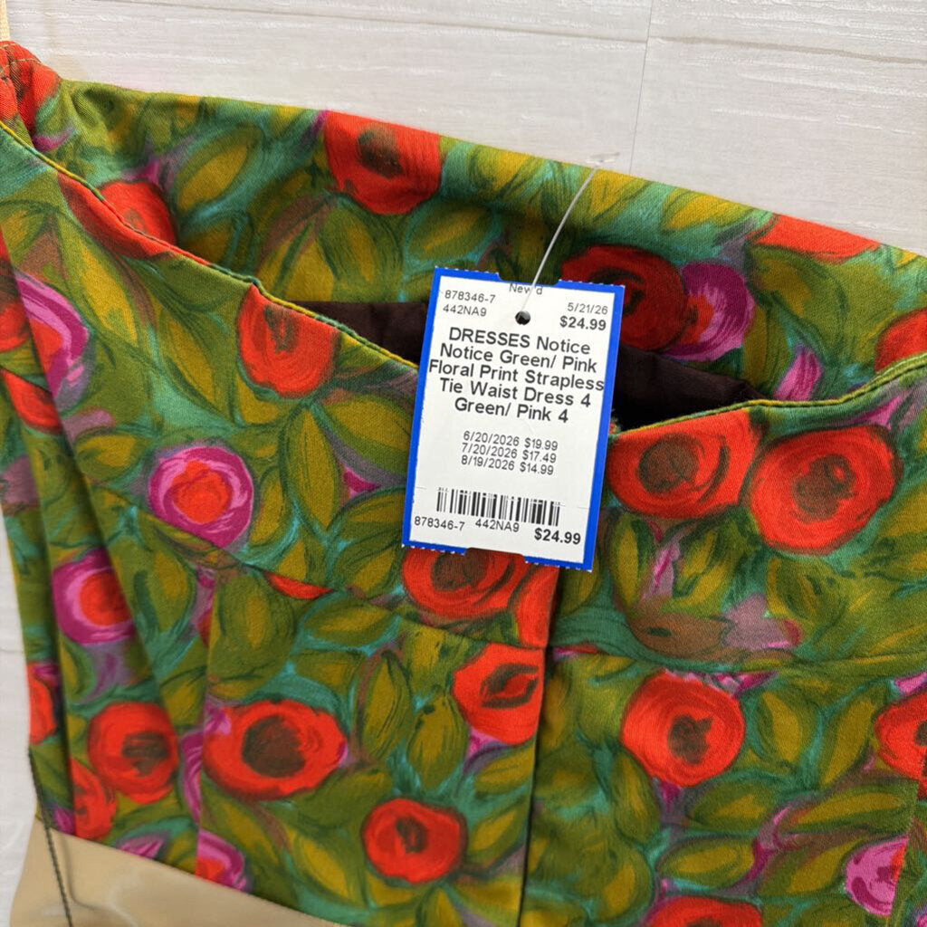 Notice Green/ Pink Floral Print Strapless Tie Waist Dress 4