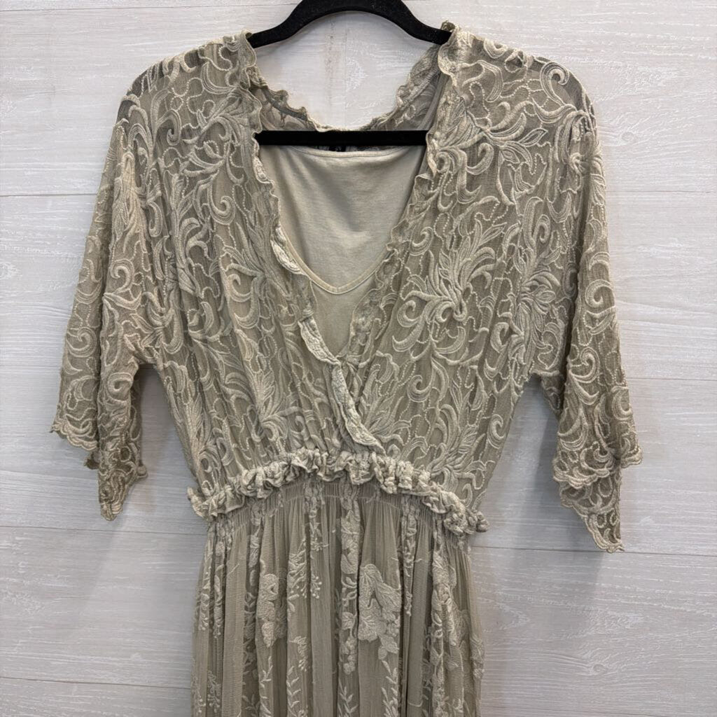 Gretty Zueger Grey Embroidered Lace Short Sleeve Maxi Dress Extra Small