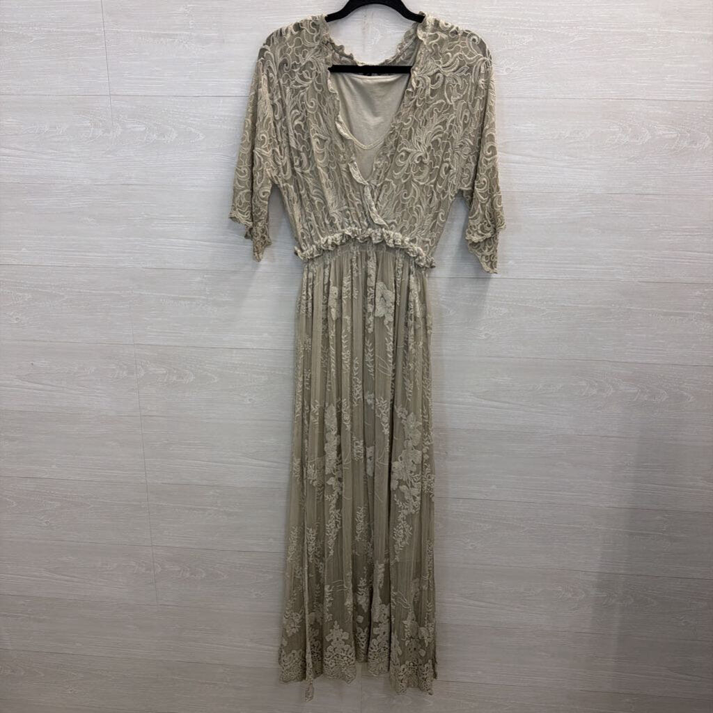 Gretty Zueger Grey Embroidered Lace Short Sleeve Maxi Dress Extra Small