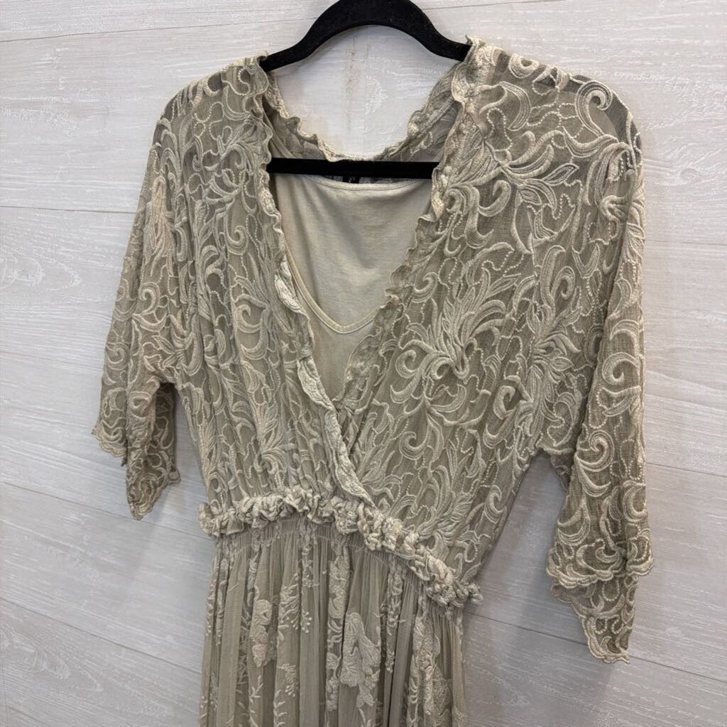 Gretty Zueger Grey Embroidered Lace Short Sleeve Maxi Dress Extra Small