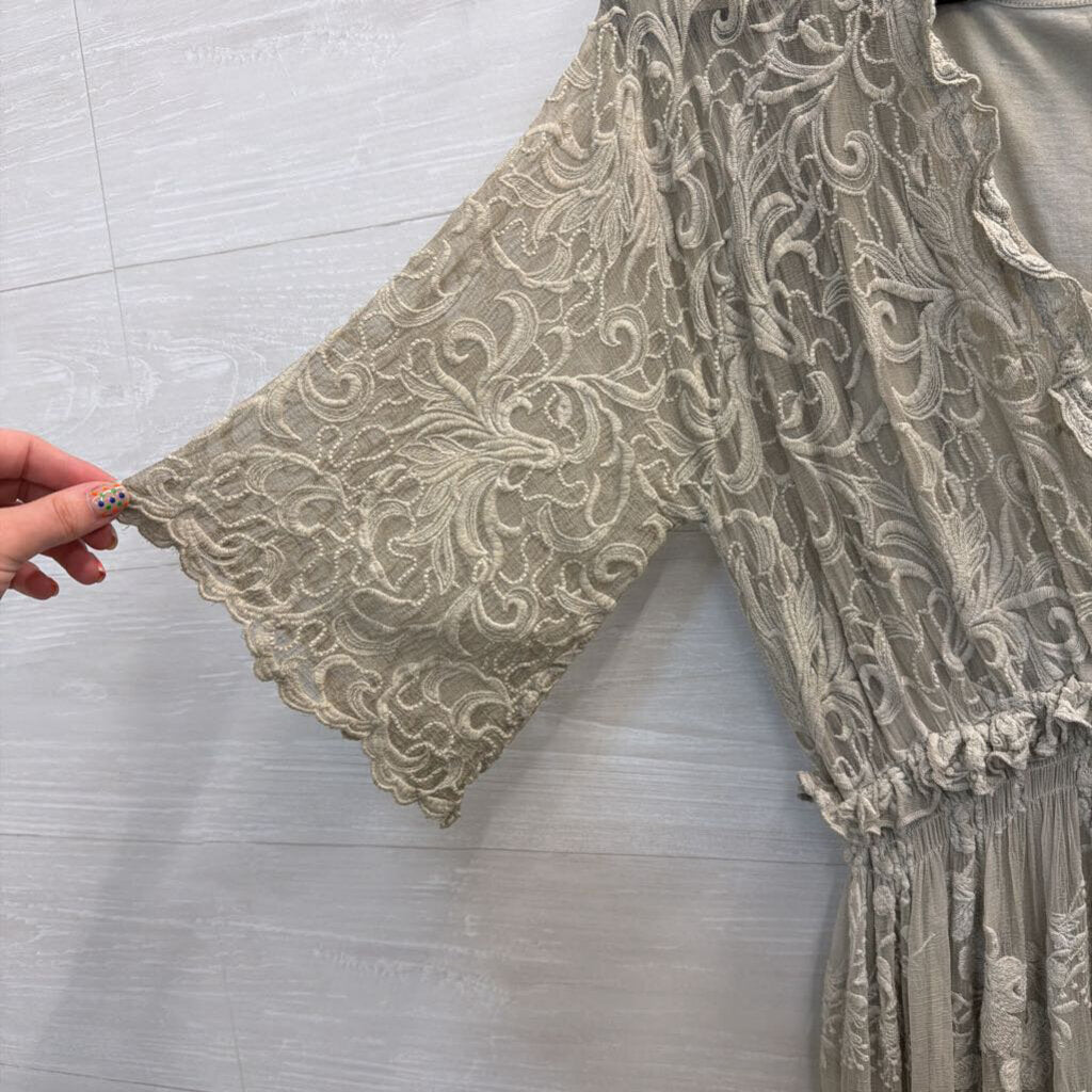 Gretty Zueger Grey Embroidered Lace Short Sleeve Maxi Dress Extra Small