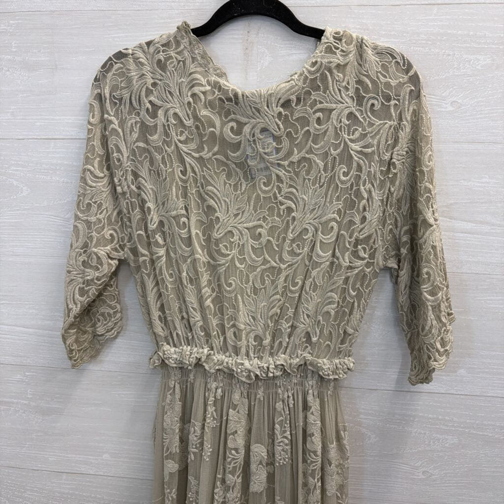 Gretty Zueger Grey Embroidered Lace Short Sleeve Maxi Dress Extra Small