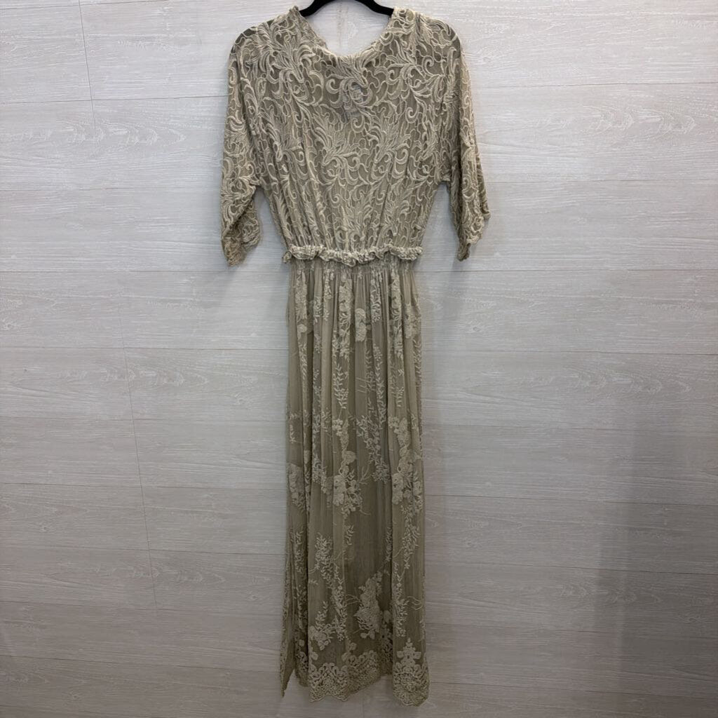 Gretty Zueger Grey Embroidered Lace Short Sleeve Maxi Dress Extra Small