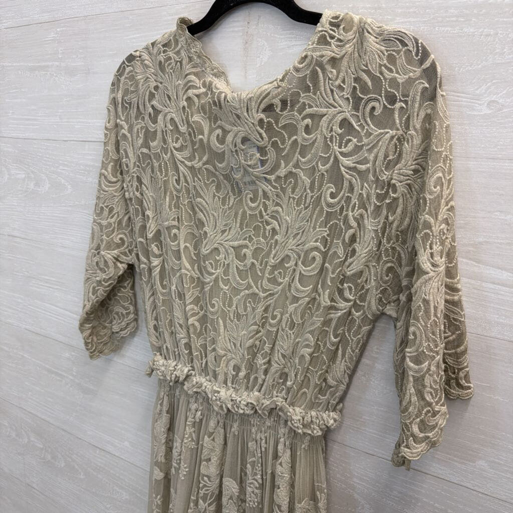 Gretty Zueger Grey Embroidered Lace Short Sleeve Maxi Dress Extra Small