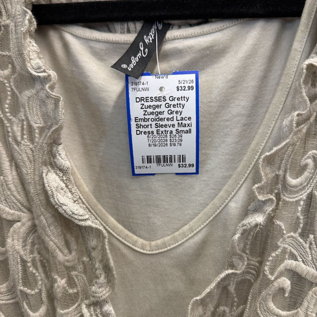 Gretty Zueger Grey Embroidered Lace Short Sleeve Maxi Dress Extra Small