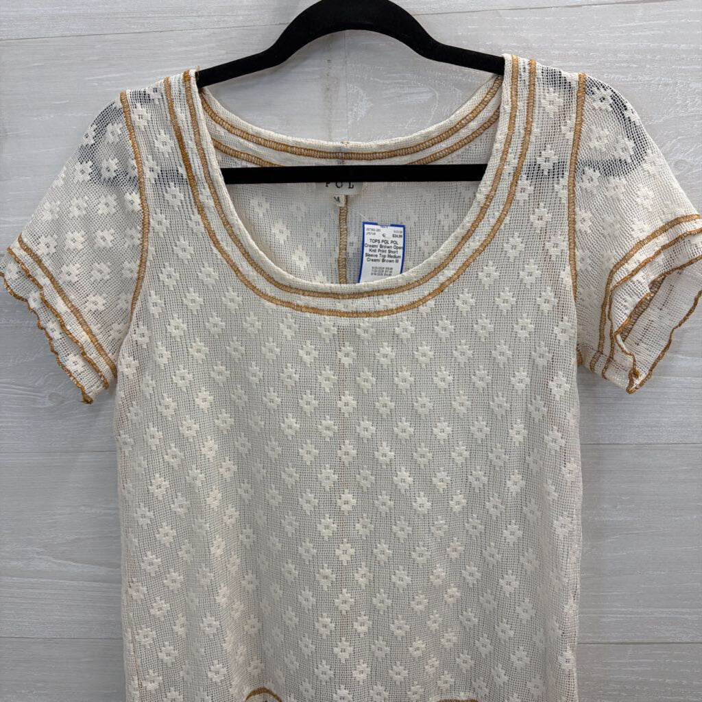POL Cream/ Brown Open Knit Print Short Sleeve Top Medium