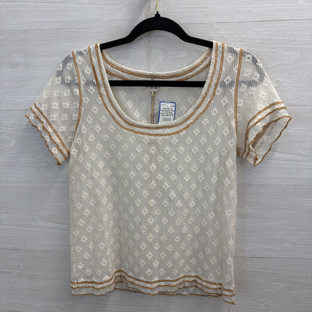 POL Cream/ Brown Open Knit Print Short Sleeve Top Medium