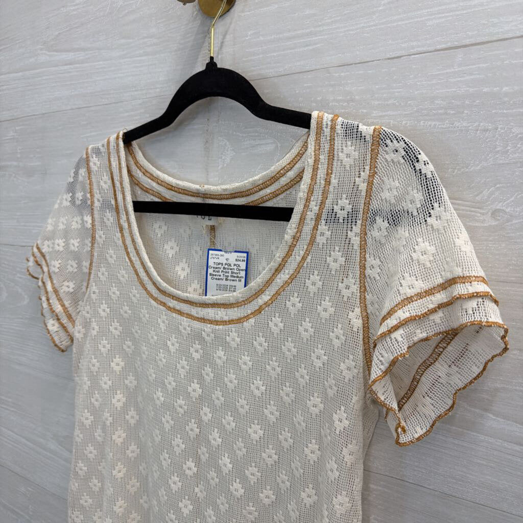 POL Cream/ Brown Open Knit Print Short Sleeve Top Medium