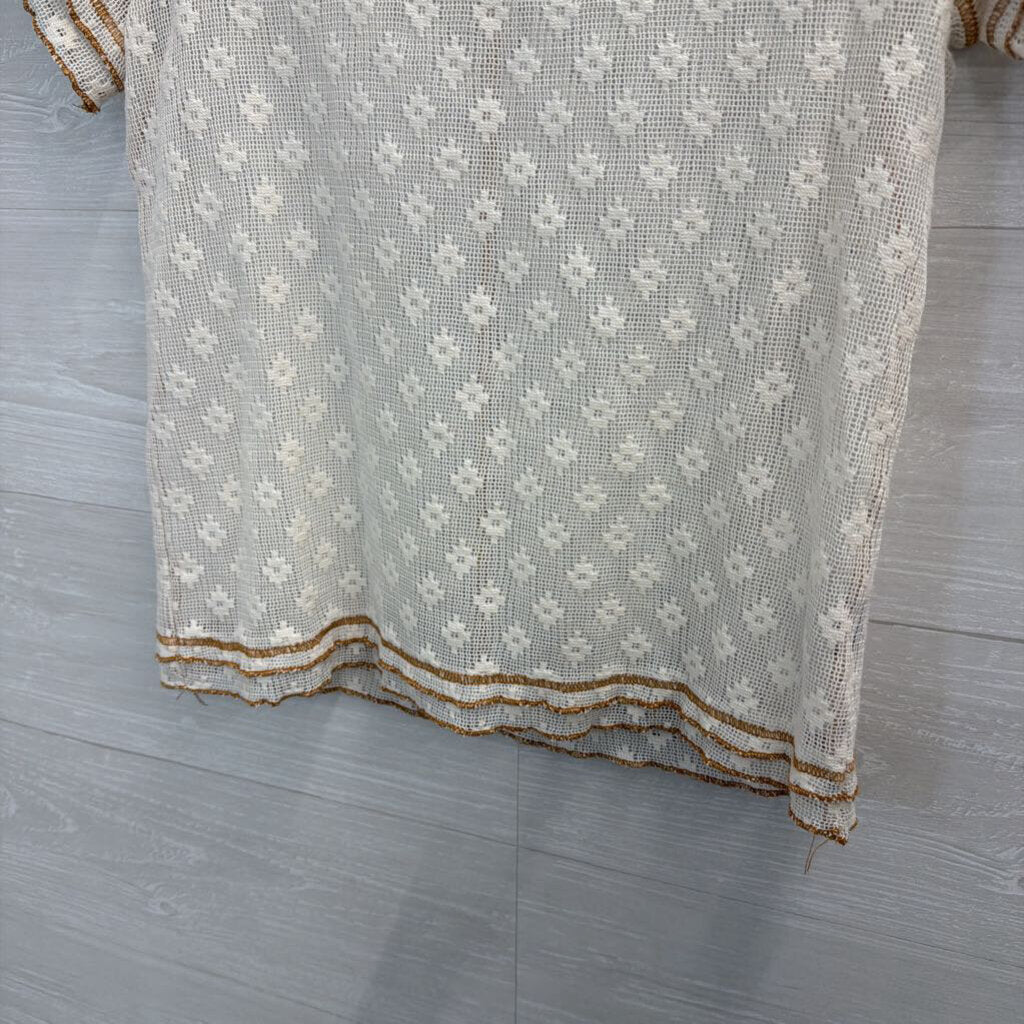 POL Cream/ Brown Open Knit Print Short Sleeve Top Medium