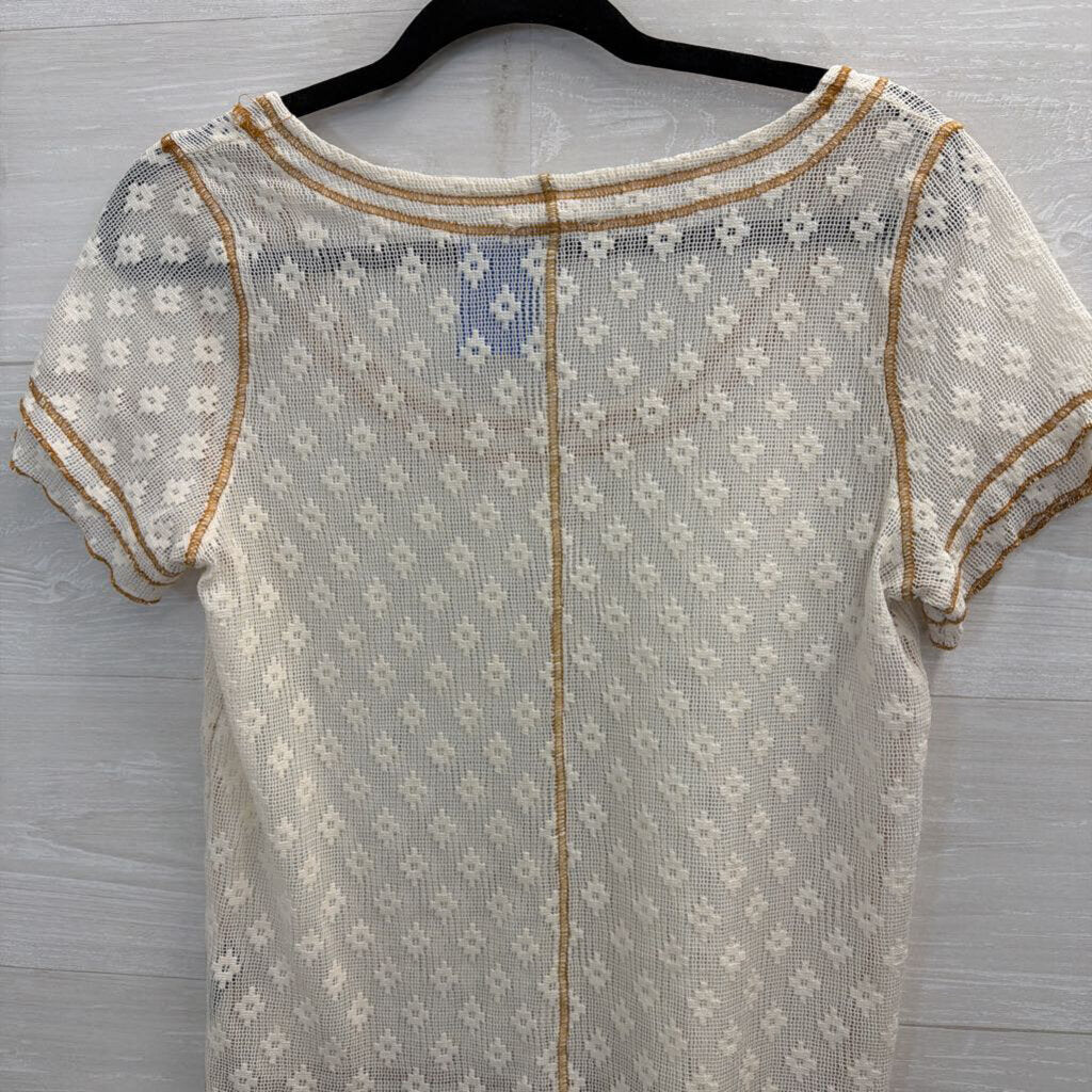 POL Cream/ Brown Open Knit Print Short Sleeve Top Medium