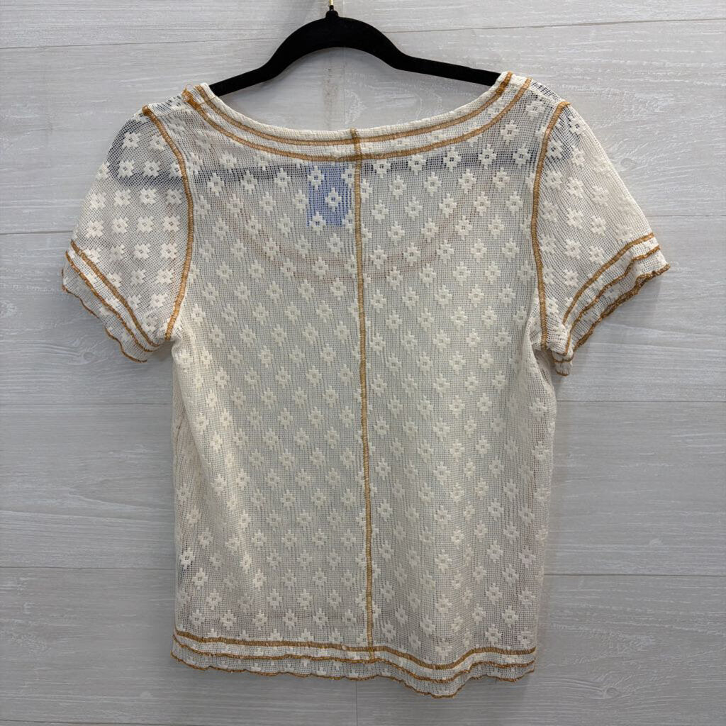 POL Cream/ Brown Open Knit Print Short Sleeve Top Medium