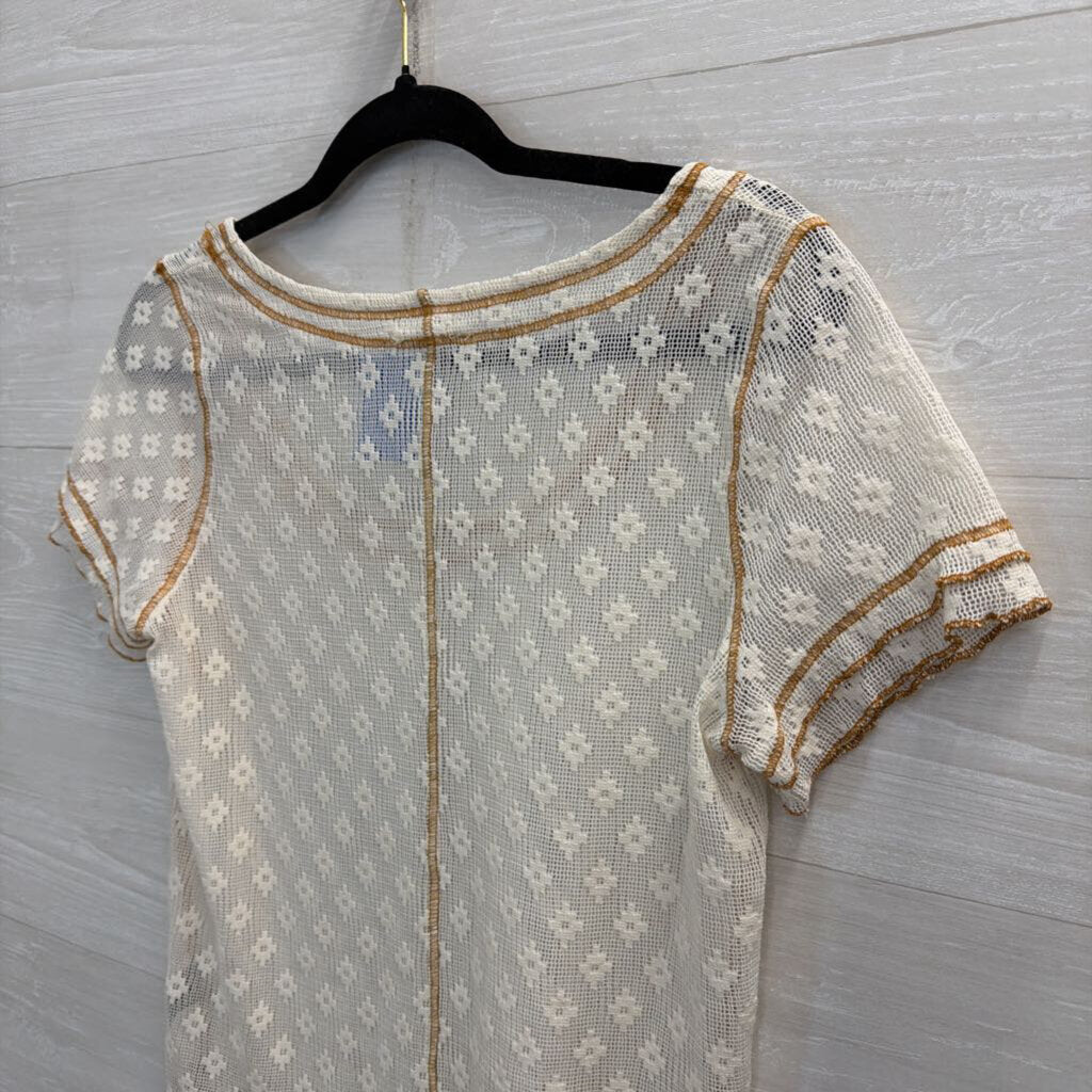 POL Cream/ Brown Open Knit Print Short Sleeve Top Medium