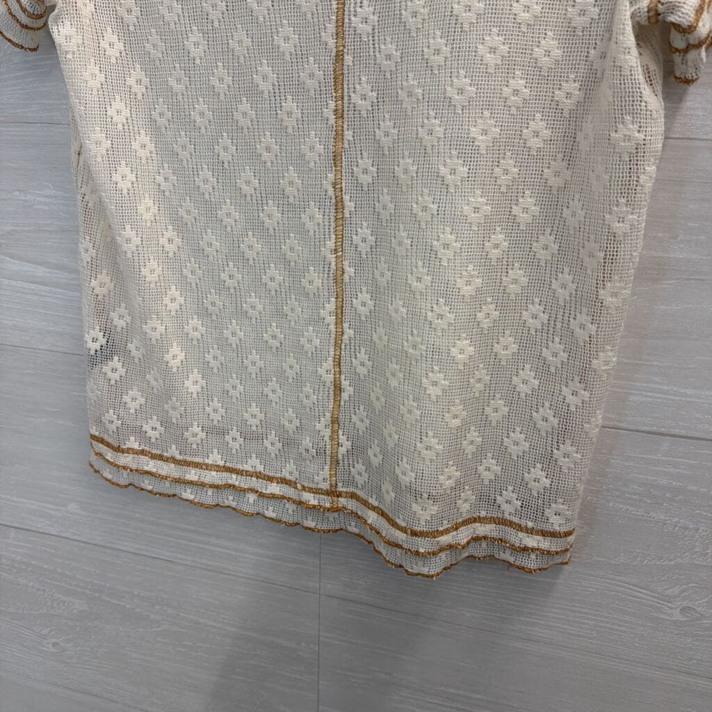 POL Cream/ Brown Open Knit Print Short Sleeve Top Medium