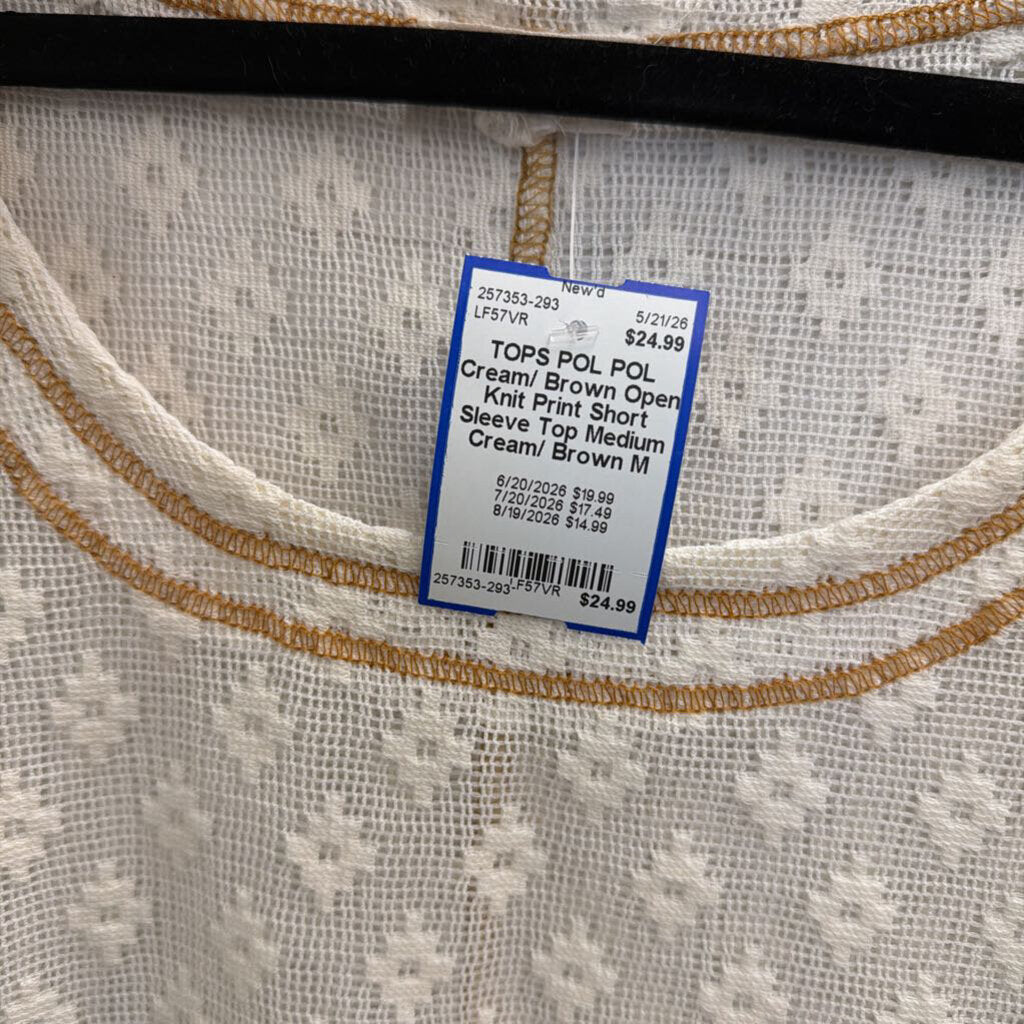 POL Cream/ Brown Open Knit Print Short Sleeve Top Medium