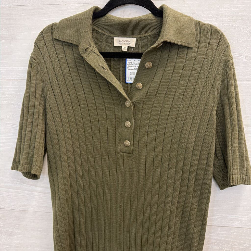 Haven Green Ribbed Knit Short Sleeve Henley Top Medium