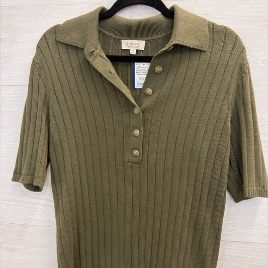 Haven Green Ribbed Knit Short Sleeve Henley Top Medium