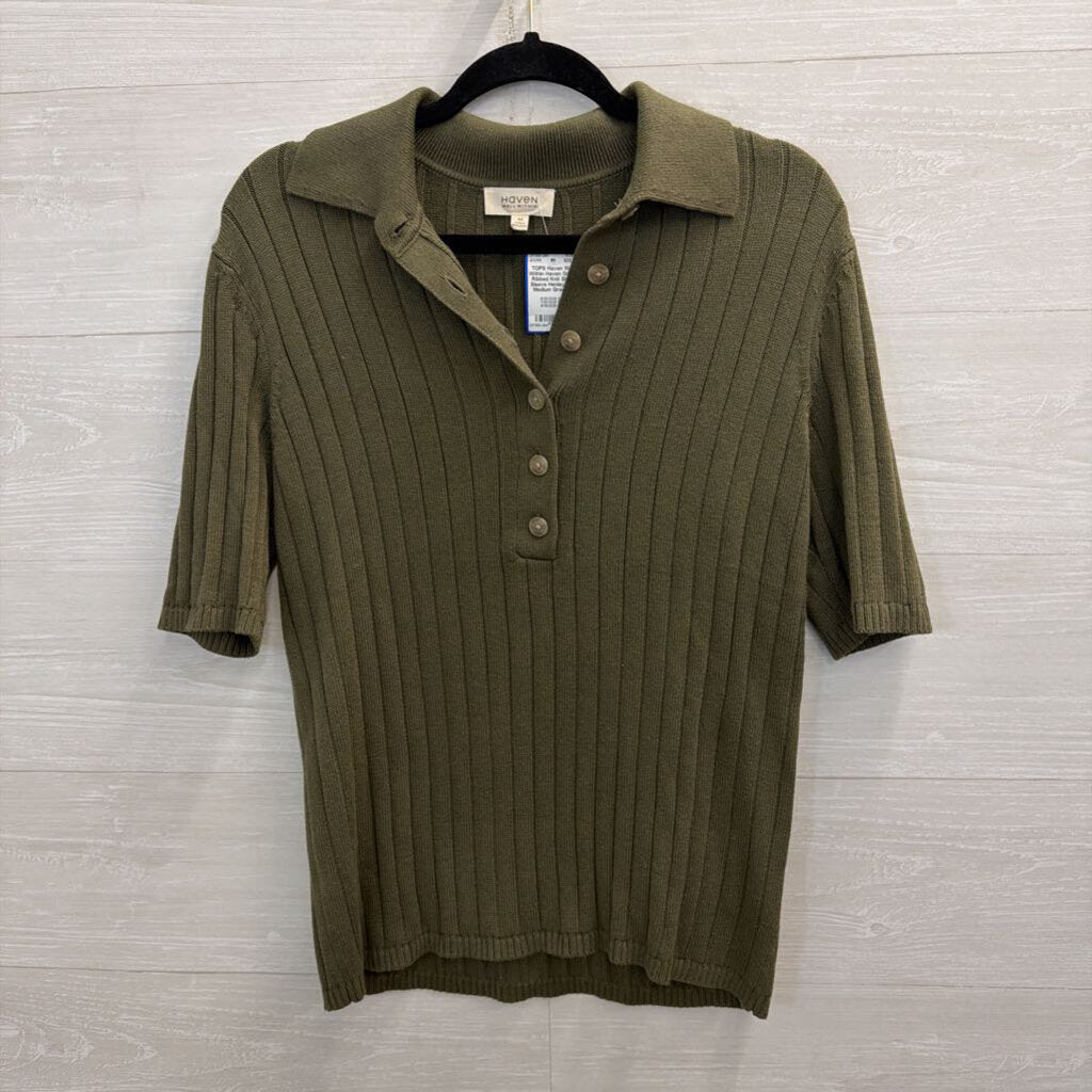 Haven Green Ribbed Knit Short Sleeve Henley Top Medium