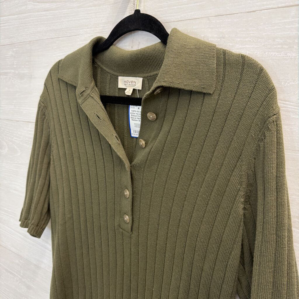 Haven Green Ribbed Knit Short Sleeve Henley Top Medium