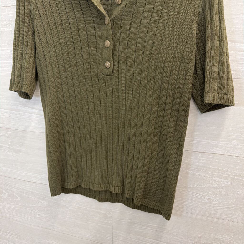 Haven Green Ribbed Knit Short Sleeve Henley Top Medium