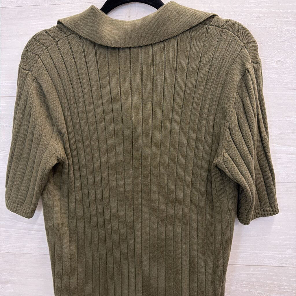 Haven Green Ribbed Knit Short Sleeve Henley Top Medium