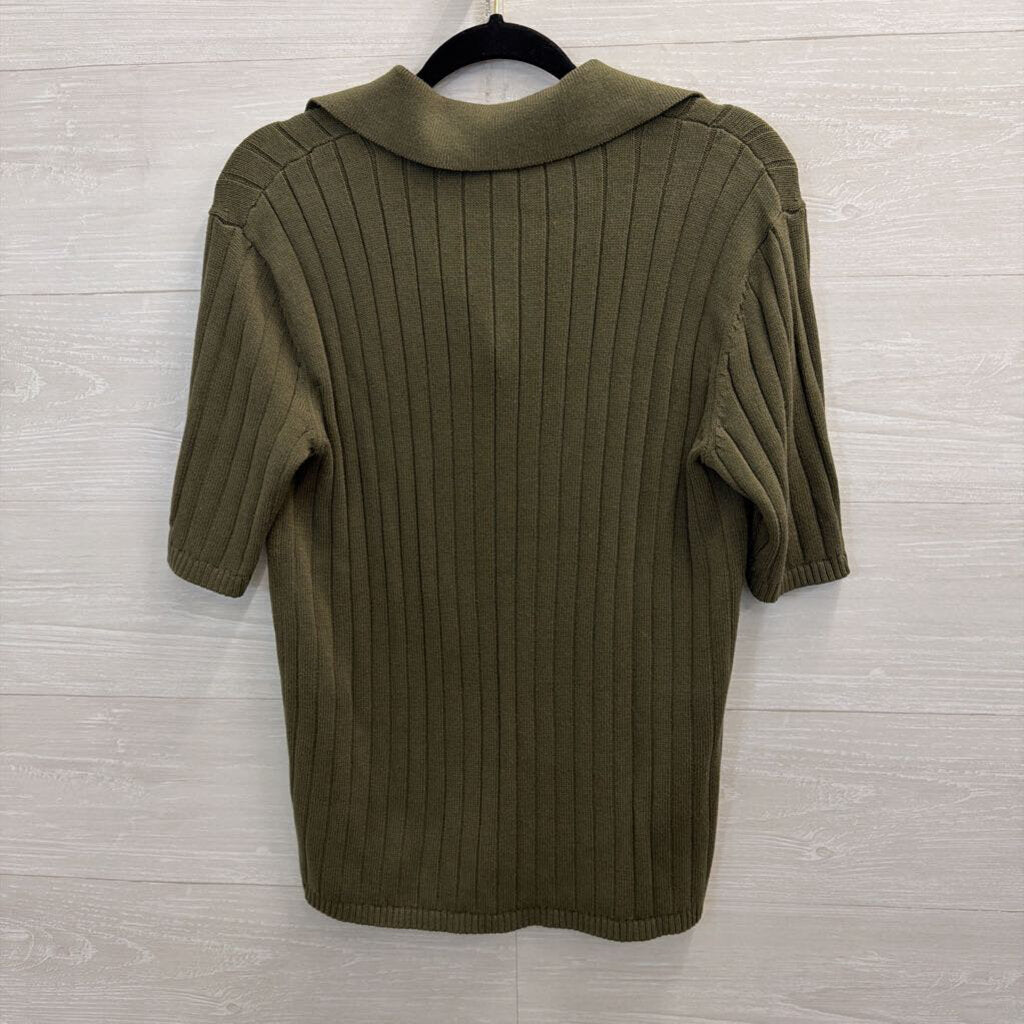 Haven Green Ribbed Knit Short Sleeve Henley Top Medium