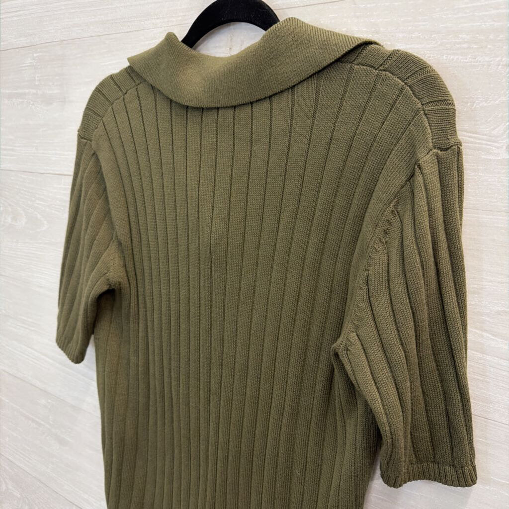 Haven Green Ribbed Knit Short Sleeve Henley Top Medium