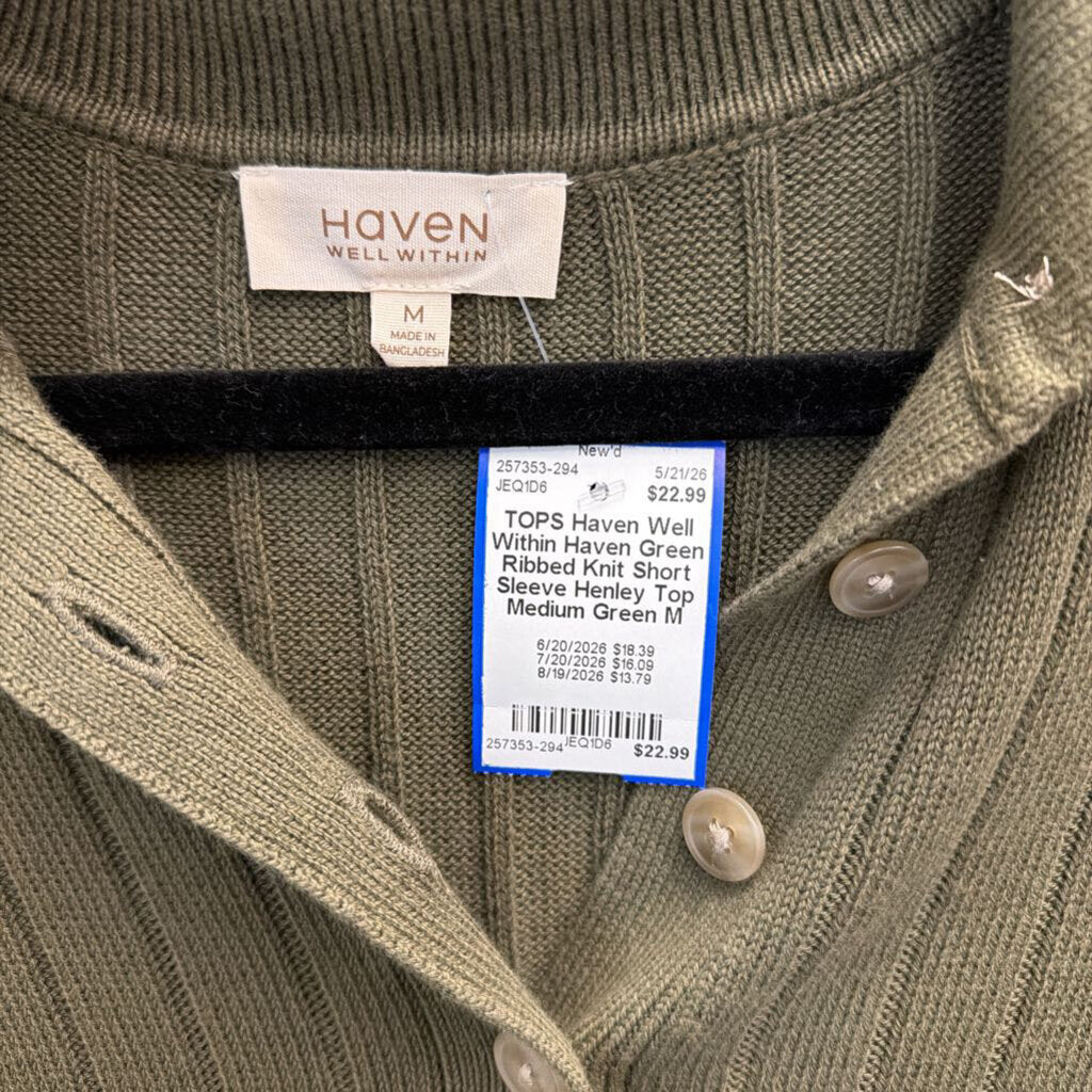 Haven Green Ribbed Knit Short Sleeve Henley Top Medium