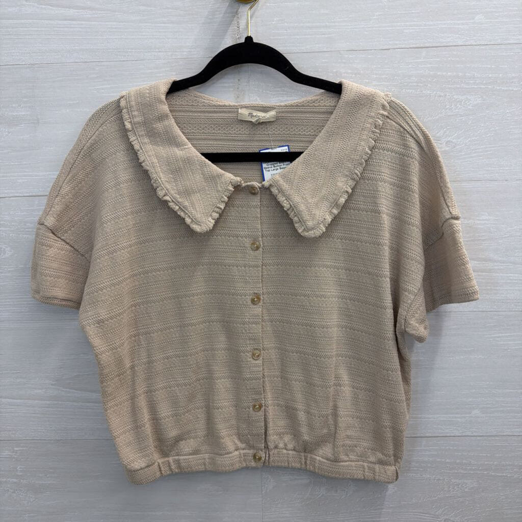 Madewell Beige Knit Cropped Short Sleeve Button Front Top Large