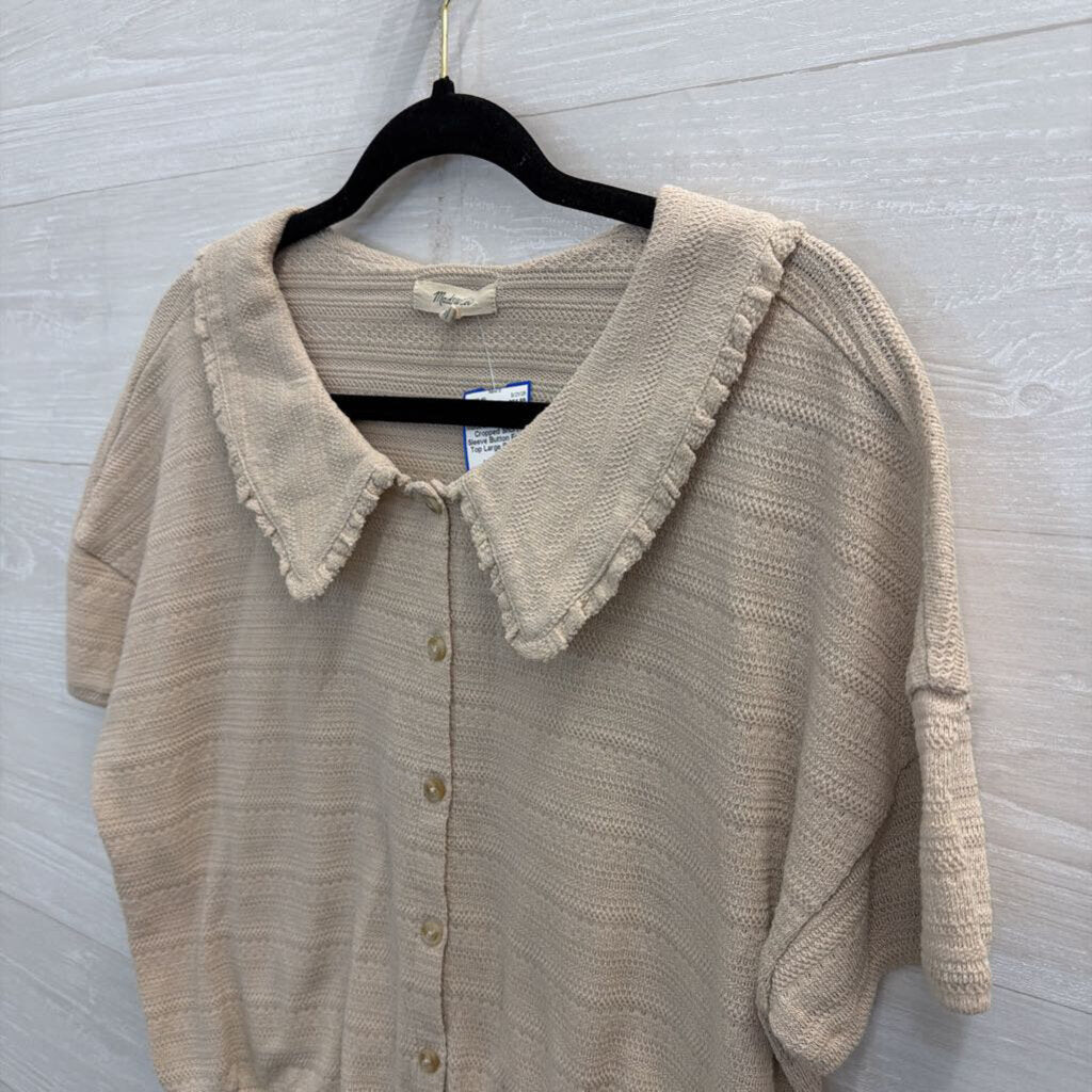 Madewell Beige Knit Cropped Short Sleeve Button Front Top Large