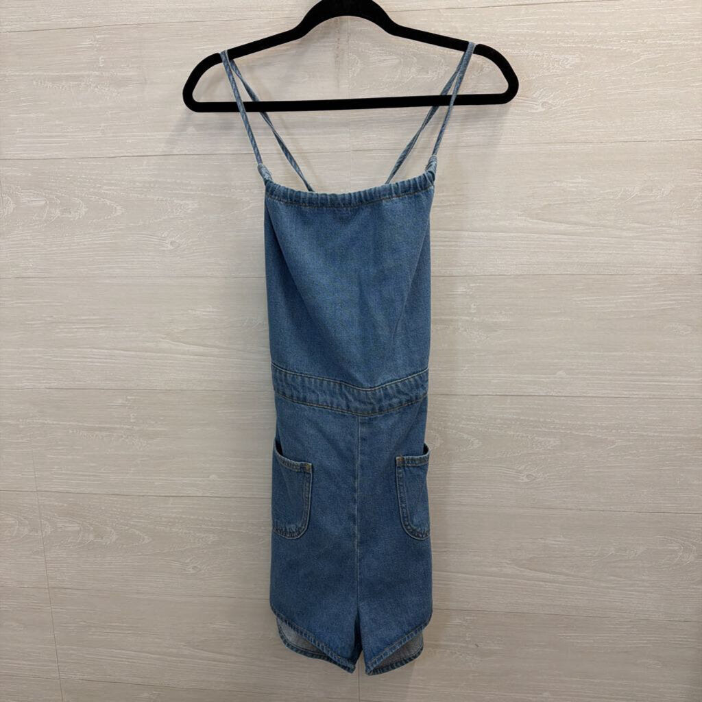 Urban Outfitters Medium Wash Denim Lace Up Back Romper 10