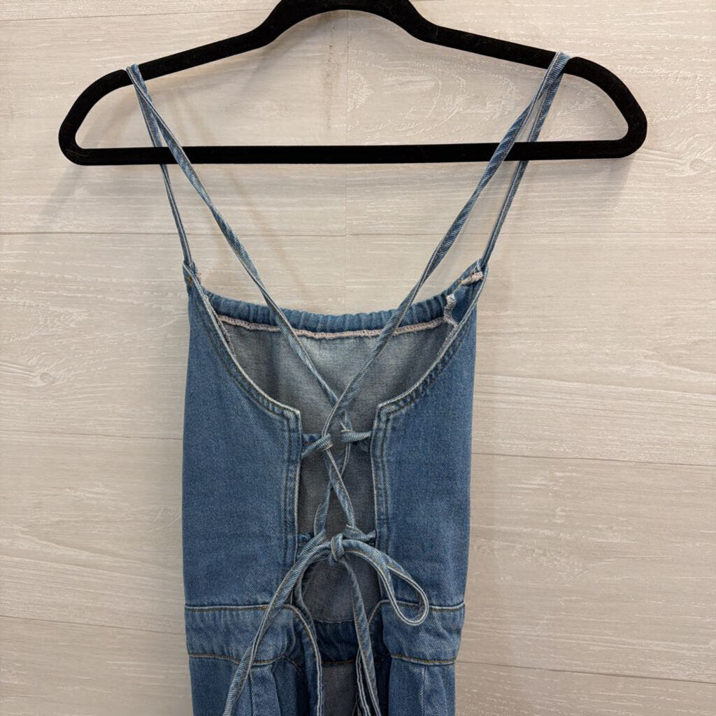 Urban Outfitters Medium Wash Denim Lace Up Back Romper 10