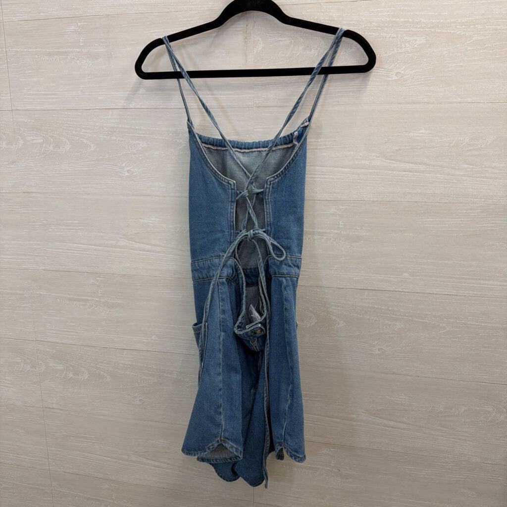 Urban Outfitters Medium Wash Denim Lace Up Back Romper 10
