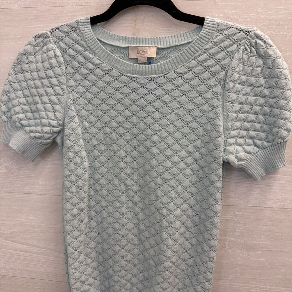 Loft Blue Knit Short Puff Sleeve Top Extra Small Petite