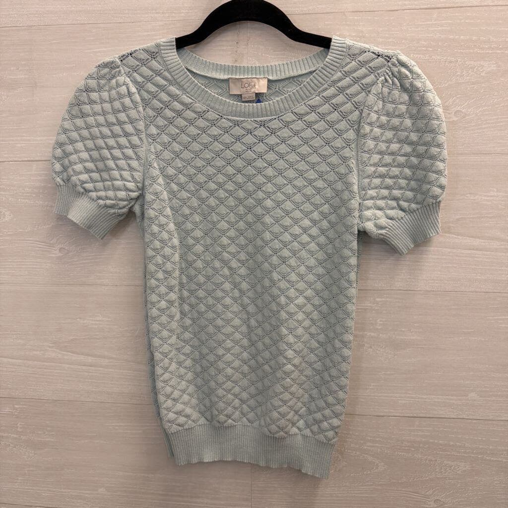 Loft Blue Knit Short Puff Sleeve Top Extra Small Petite