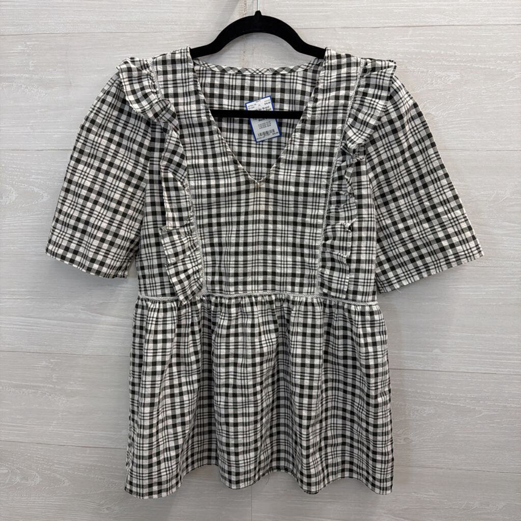 White/ Black Plaid Short Puff Sleeve Top Small