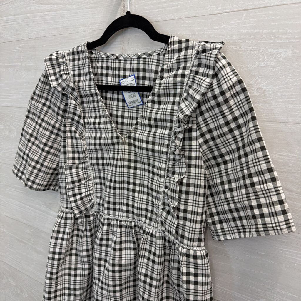 White/ Black Plaid Short Puff Sleeve Top Small