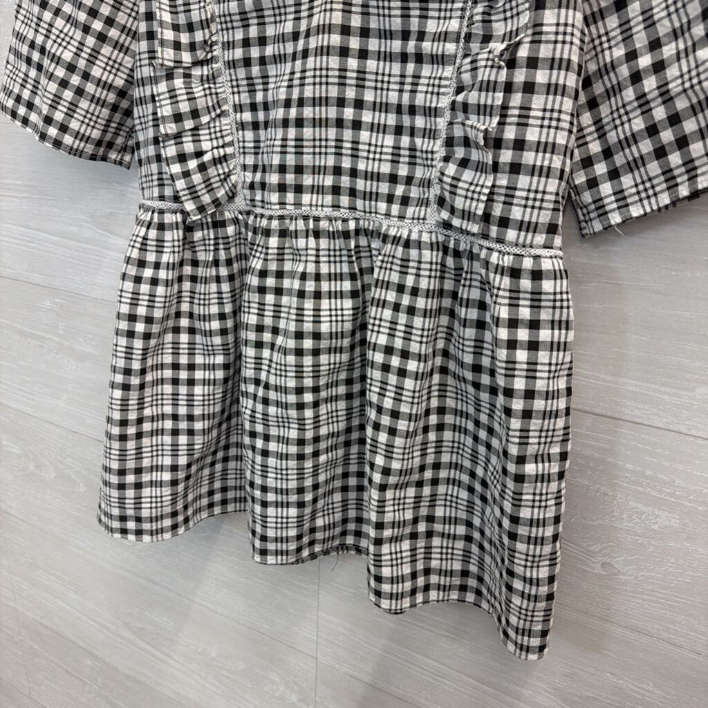 White/ Black Plaid Short Puff Sleeve Top Small