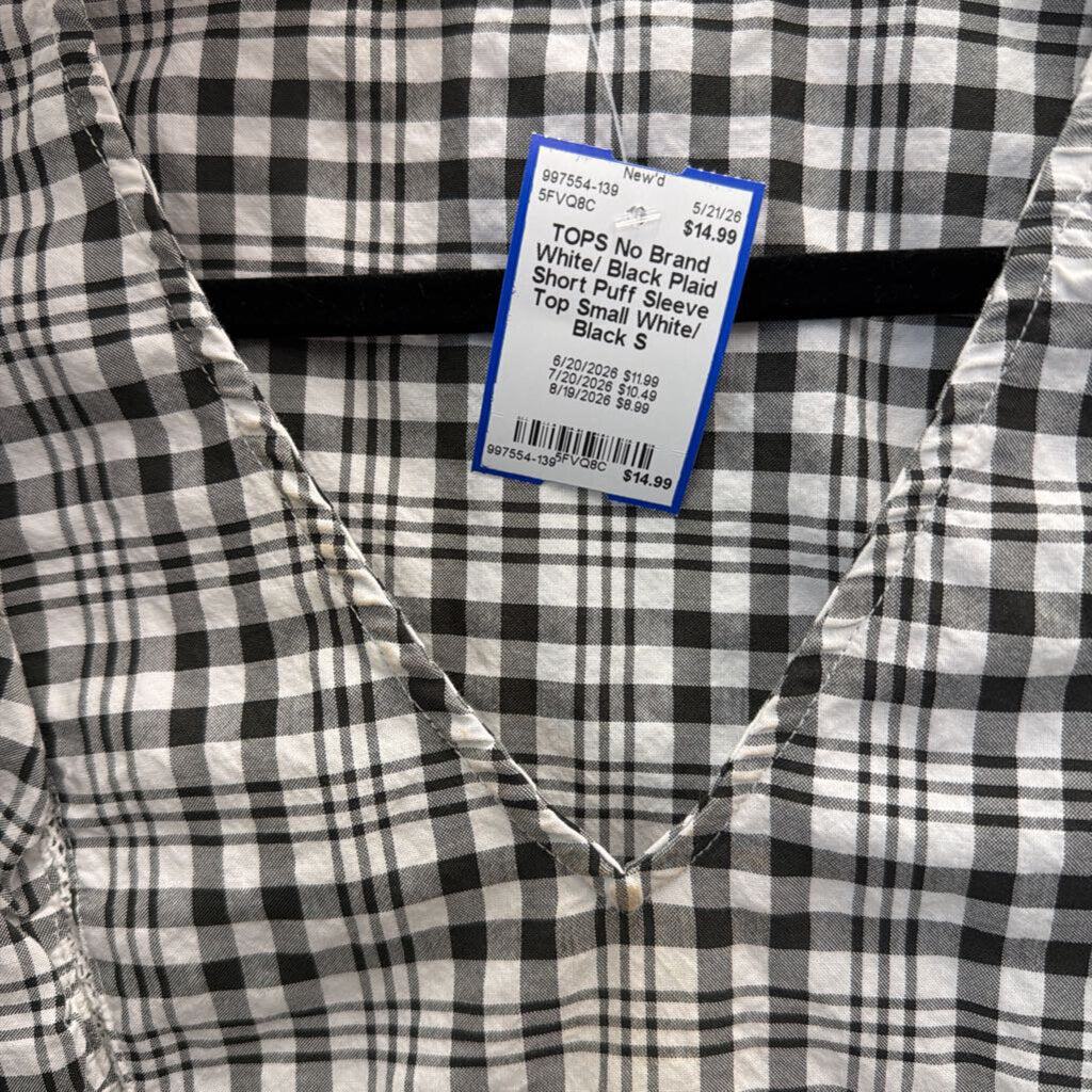 White/ Black Plaid Short Puff Sleeve Top Small