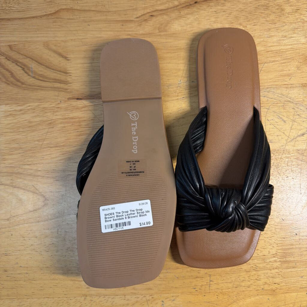 The Drop Brown/ Black Leather Strap Ida Bow Sandals 9