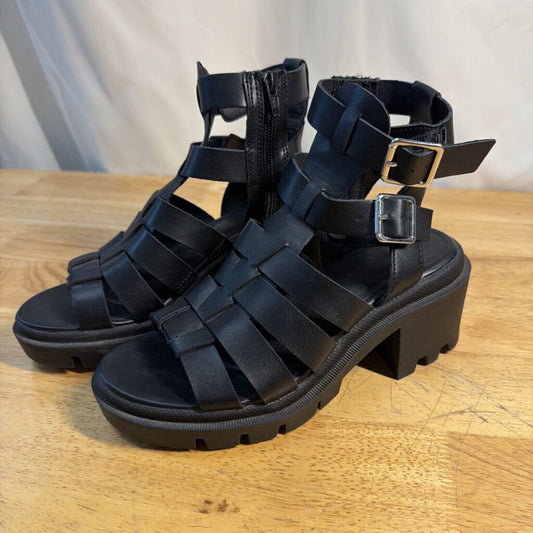 Black Leather Strappy Block Sandal Heels 6.5