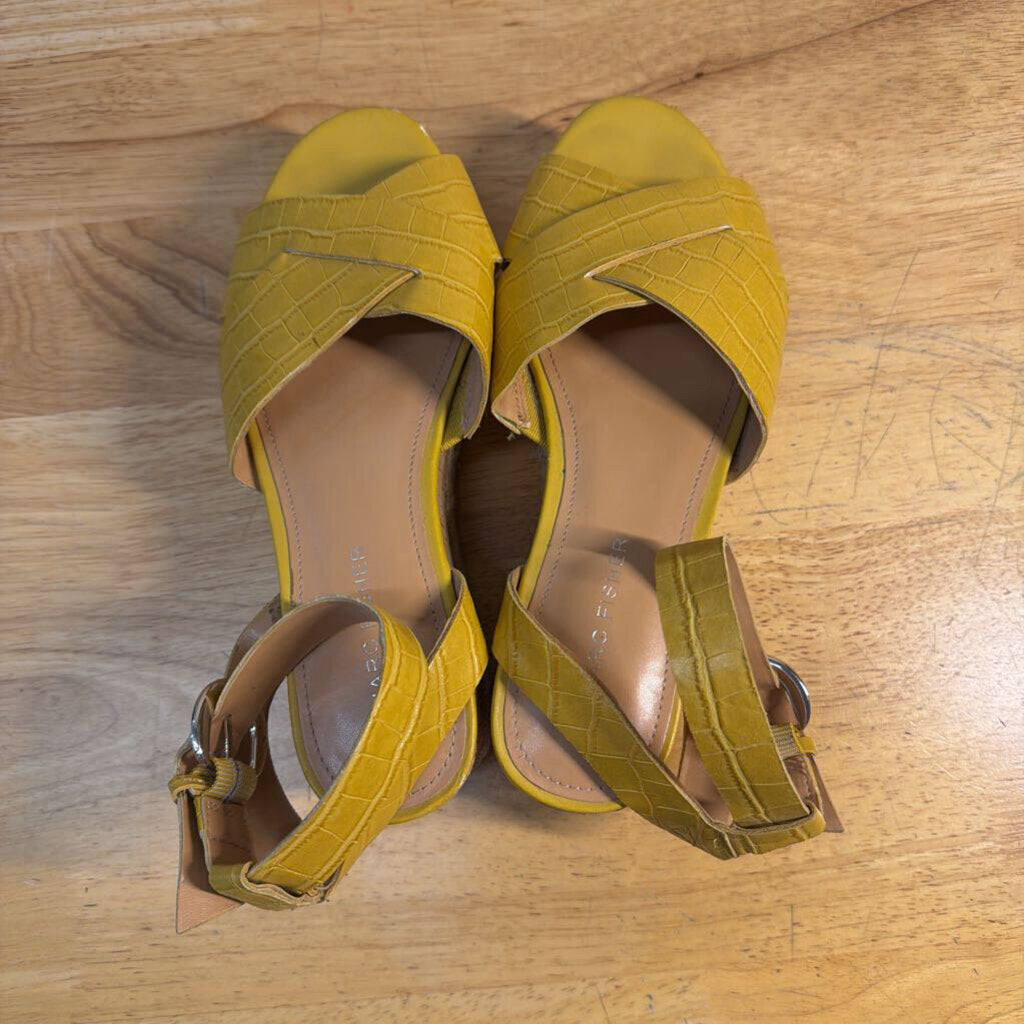 Marc Fisher Yellow Crocodile Embossed Leather Strappy Platform Sandals 6.5