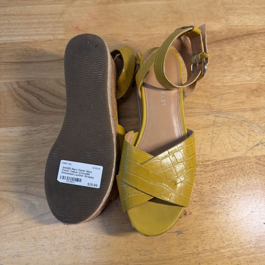 Marc Fisher Yellow Crocodile Embossed Leather Strappy Platform Sandals 6.5