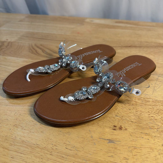Toscanella Brown/ Clear Rhinestone Embellished Strap Sandals 6