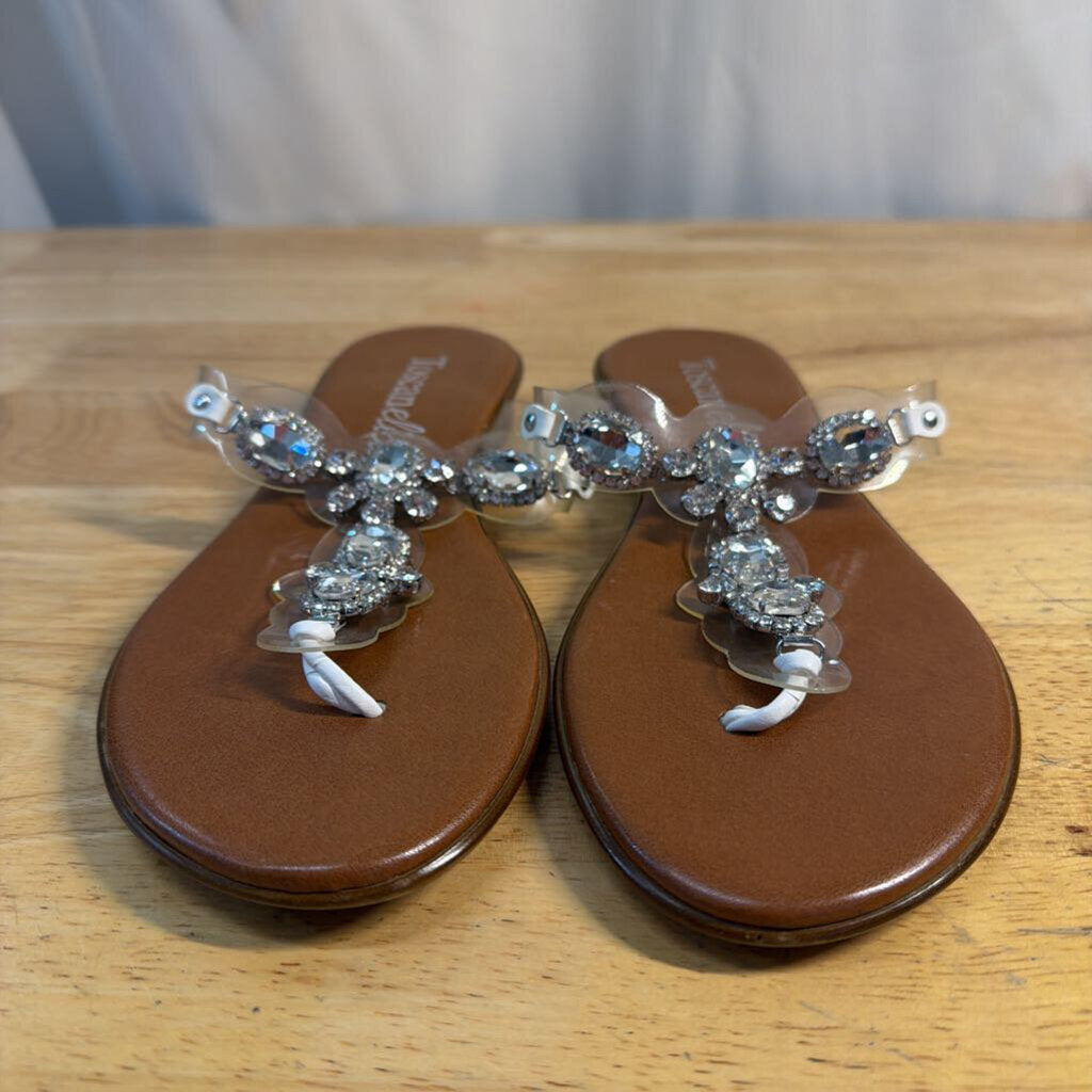 Toscanella Brown/ Clear Rhinestone Embellished Strap Sandals 6