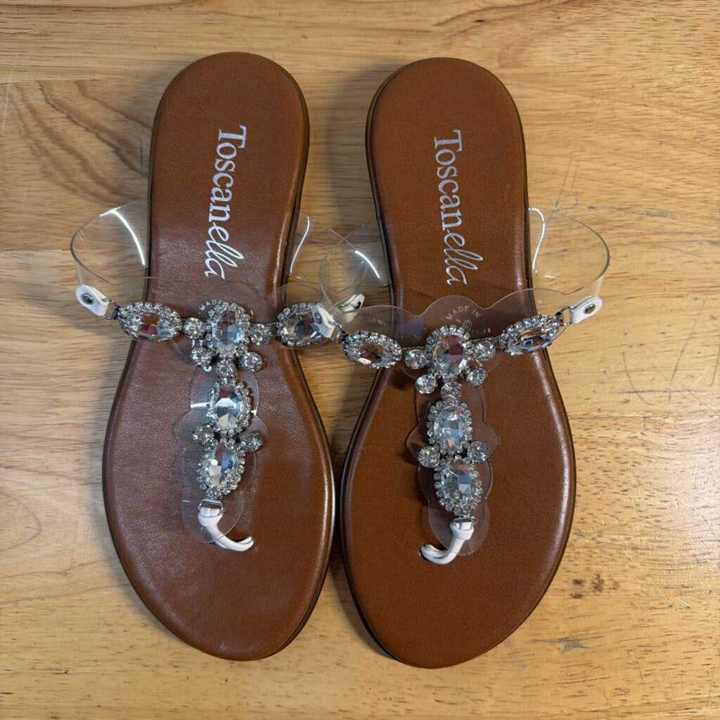 Toscanella Brown/ Clear Rhinestone Embellished Strap Sandals 6