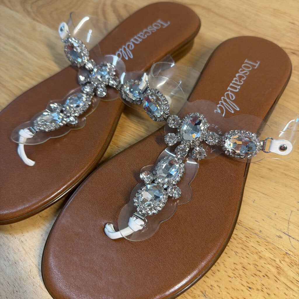 Toscanella Brown/ Clear Rhinestone Embellished Strap Sandals 6