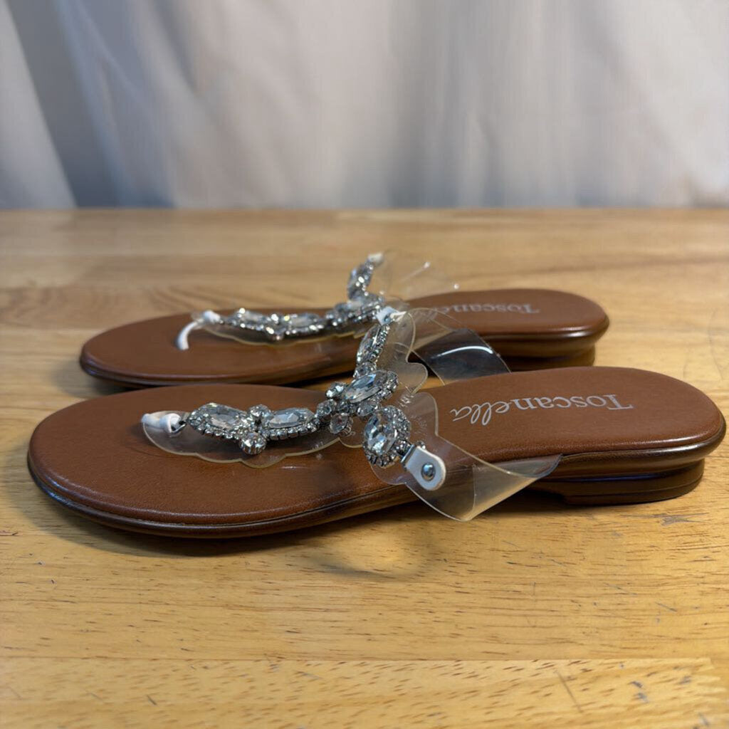 Toscanella Brown/ Clear Rhinestone Embellished Strap Sandals 6