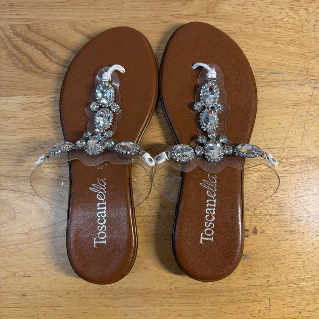 Toscanella Brown/ Clear Rhinestone Embellished Strap Sandals 6