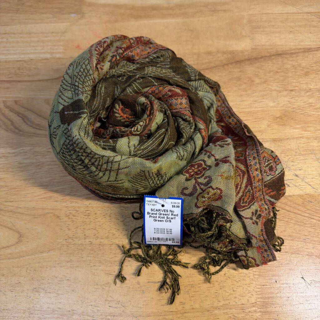 Green/ Red Print Knit Scarf