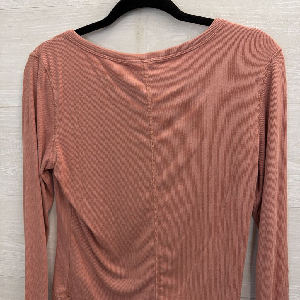 C and C California Pink Ribbed Cropped Long Sleeve Henley Top Medium